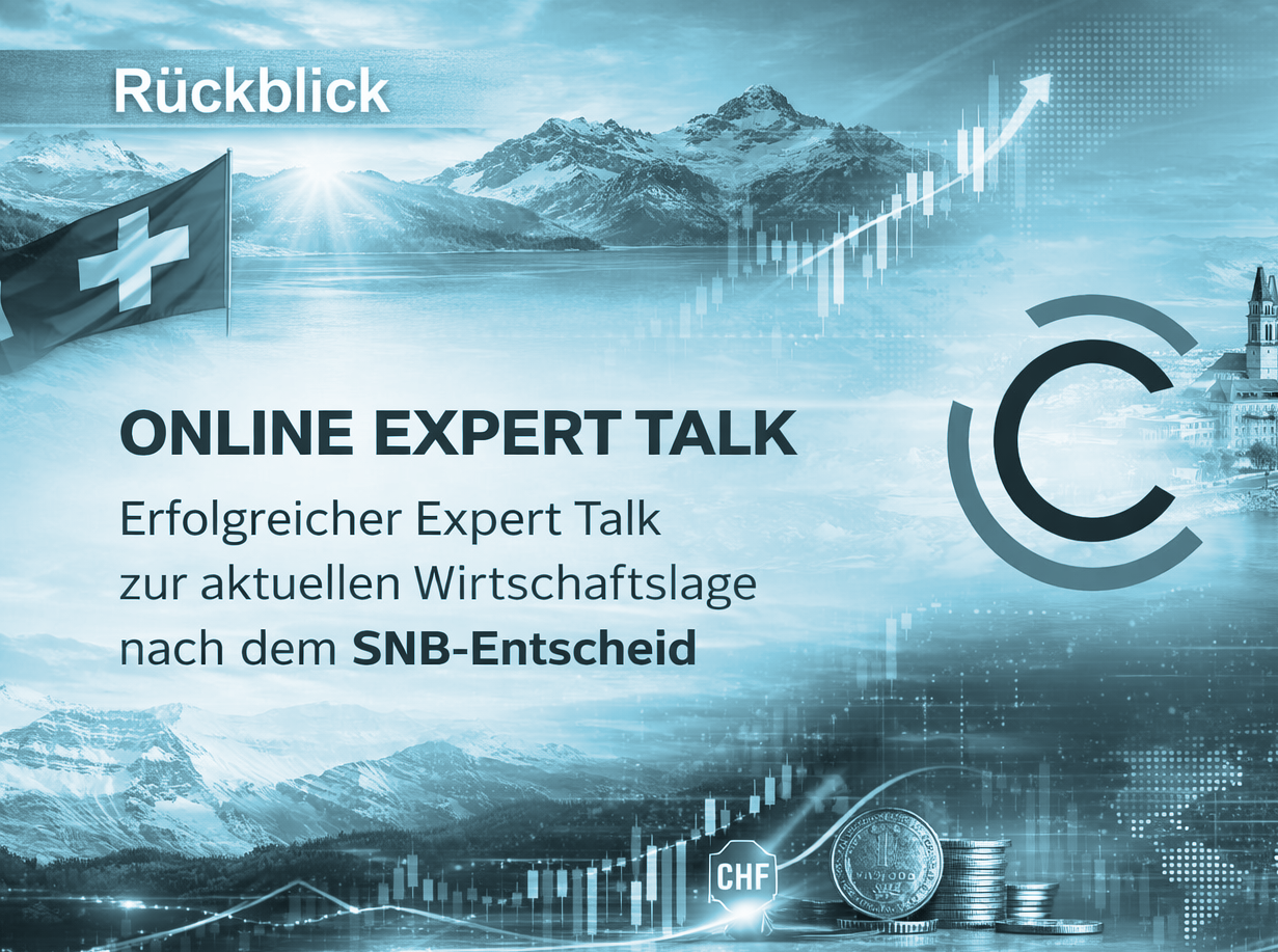 Grafik zum Online Expert Talk mit Schweizer Alpen, Finanzdiagrammen und Schweizer Flagge. Thema: wirtschaftliche Entwicklung nach dem SNB-Zinsentscheid.