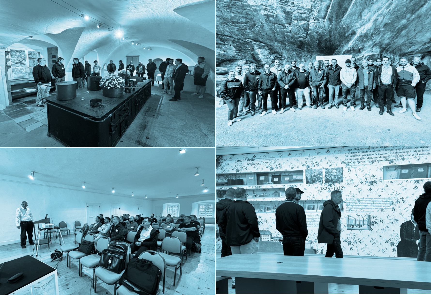 Teilnehmende eines Business- und Networking-Events der Cobinet AG im historischen Alten Bad Pfäfers in der Tamina-Schlucht bei einer Führung, im Austausch und bei einer Präsentation.