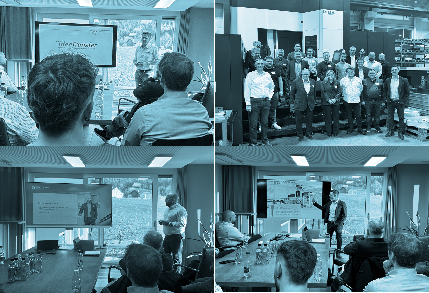 Teilnehmende des Cobinet Abendevents bei der Werkhalle Schmid AG in Schwellbrunn während einer Führung durch die Produktion und Fachvorträge zu Innovation und Cyber-Security