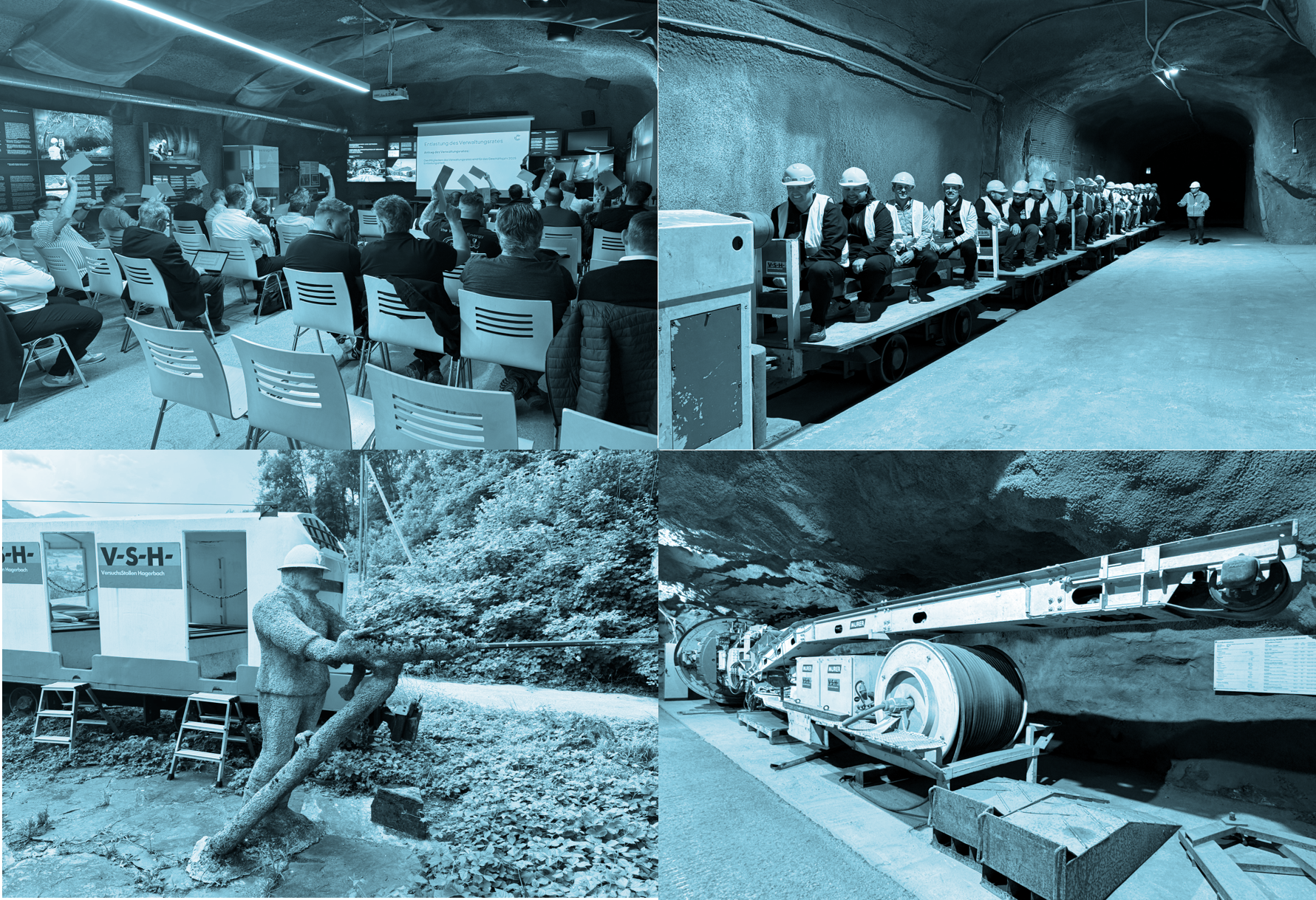 Teilnehmende der Generalversammlung der Cobinet AG beim Rundgang durch den Versuchsstollen Hagerbach nach dem offiziellen Versammlungsteil.