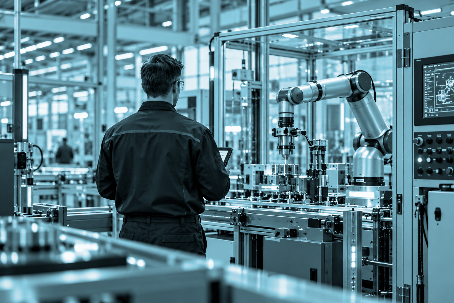 Automatisierte Maschinenanlage als Themenbild zum Cobinet Online Expert Talk über die neue EU-Maschinenverordnung, Konformitätsbewertung und Cybersicherheit.