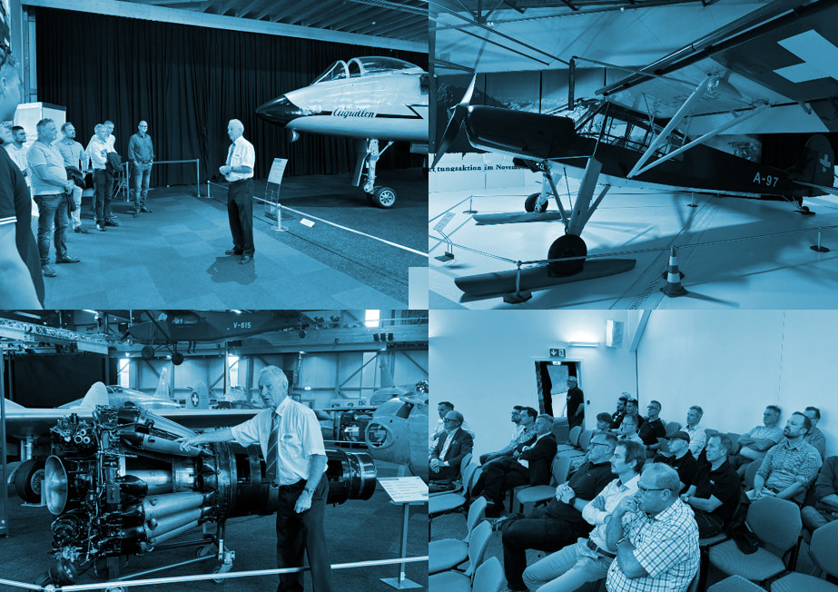 Teilnehmende während der Führung im Fliegermuseum Dübendorf mit historischen und modernen Flugzeugen, anschliessendem Cobinet-Infoblock zu Marktlage und Strategie 2029 sowie gemütlichem Ausklang mit Apéro, Networking und Flugsimulatoren.
