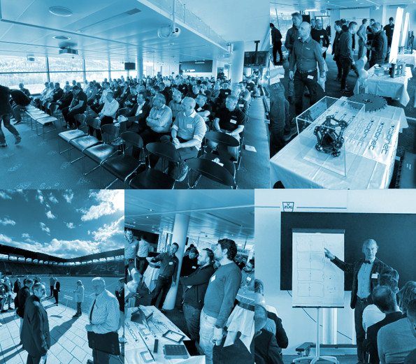 Gruppenaufnahme von Kunden, Mitgliedern und Partnern am Cobinet-Kundenevent mit Stadionführung beim FC St. Gallen, Tischmesse und gemütlichem Apéro.