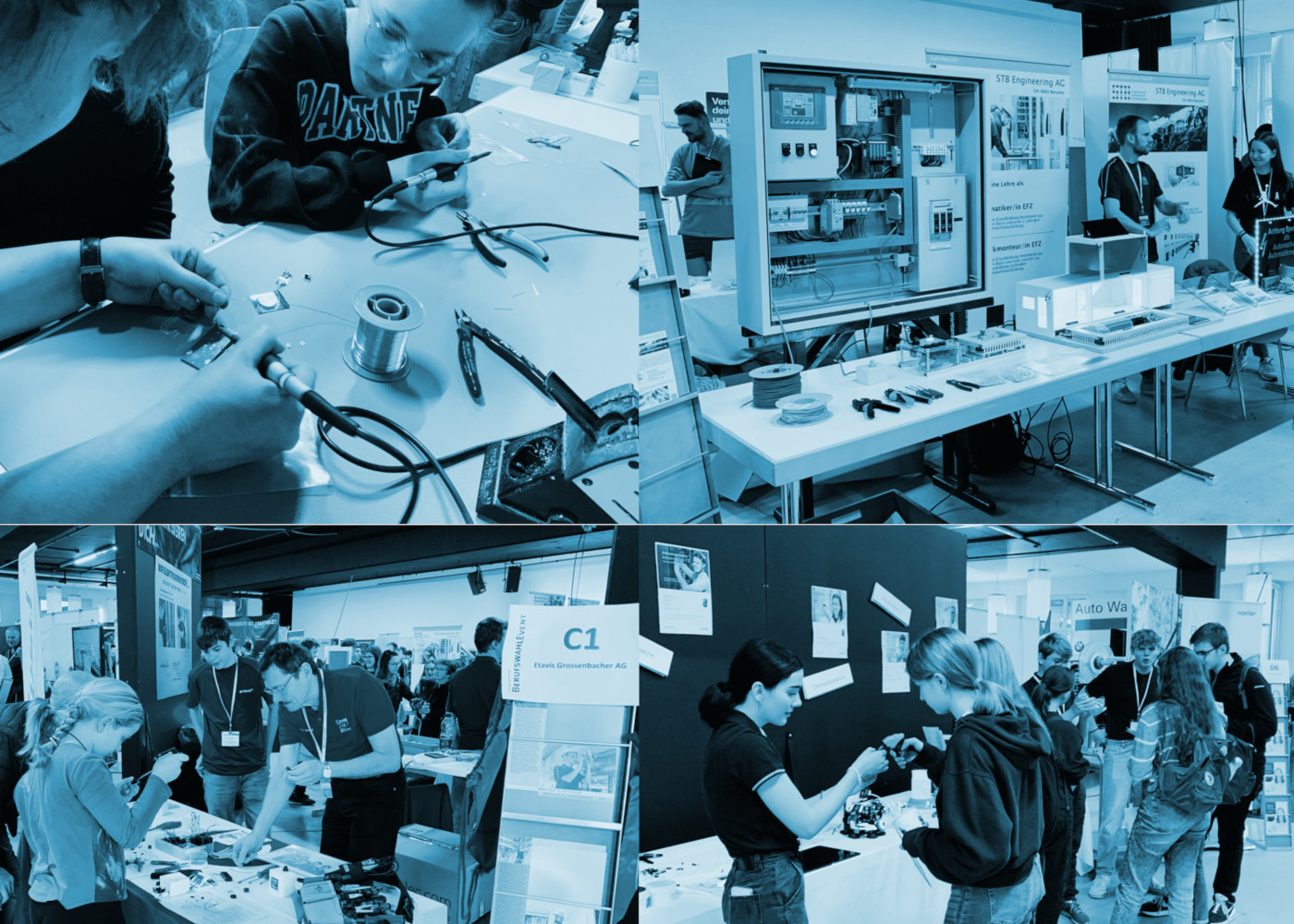 Jugendliche und Eltern informieren sich an den Berufserlebnis-Tagen in der Flumerei über verschiedene Lehrberufe. Über 60 Lehrfirmen zeigen ihre Tätigkeiten praxisnah – von Computerarbeitsplätzen über Frisierstationen bis zur Maschinenbedienung und dem M