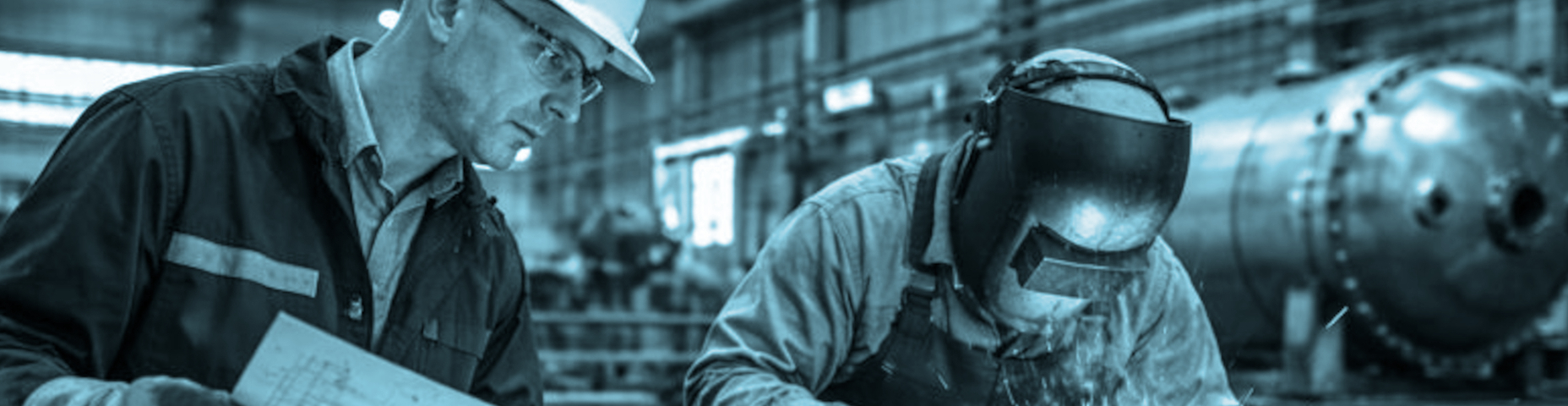 Ein Ingenieur begutachtet technische Zeichnungen, während neben ihm ein Schweisser an einer Stahlkonstruktion arbeitet.